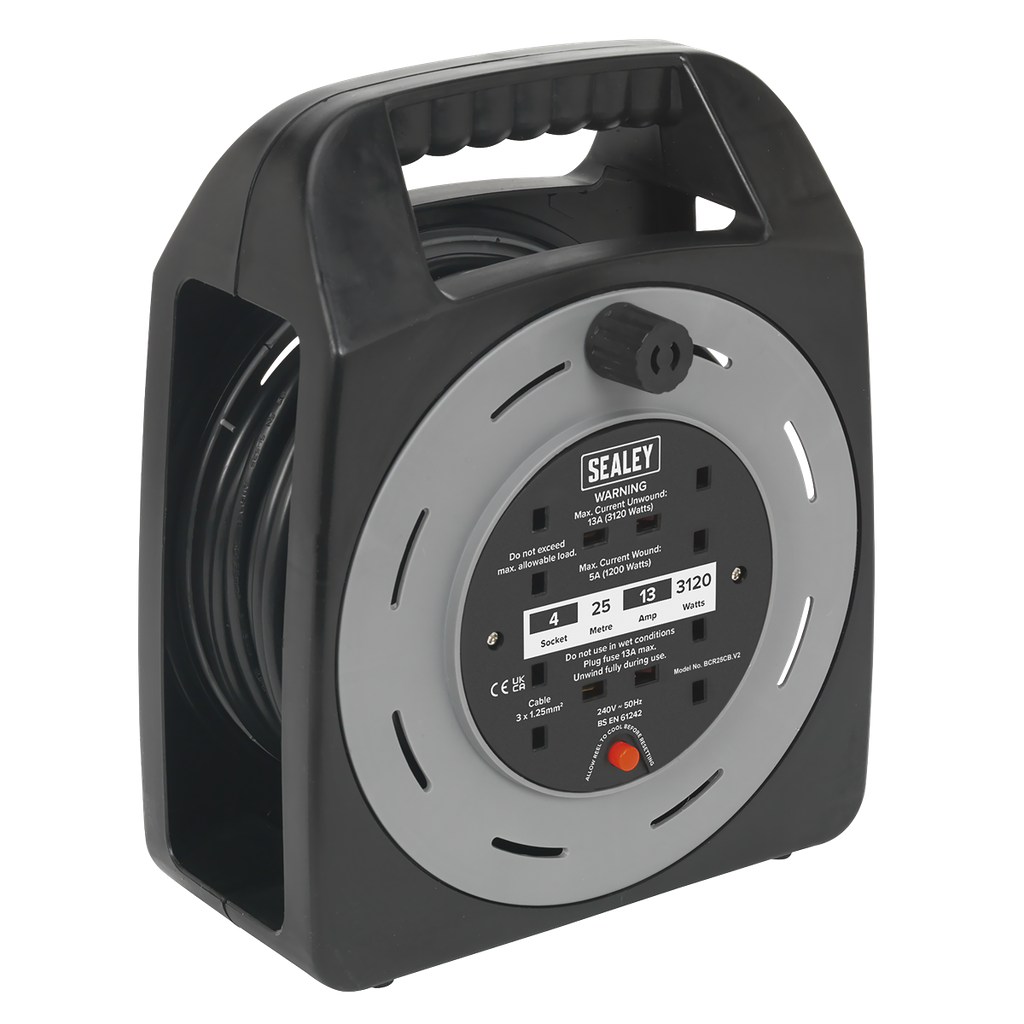 Sealey 25m Box Type Cable Reel with Thermal Trip 4 x 230V