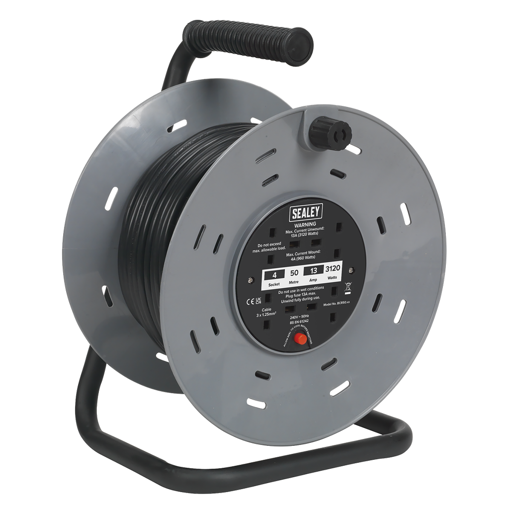 Sealey 50m Cable Reel with Thermal Trip 4 x 230V