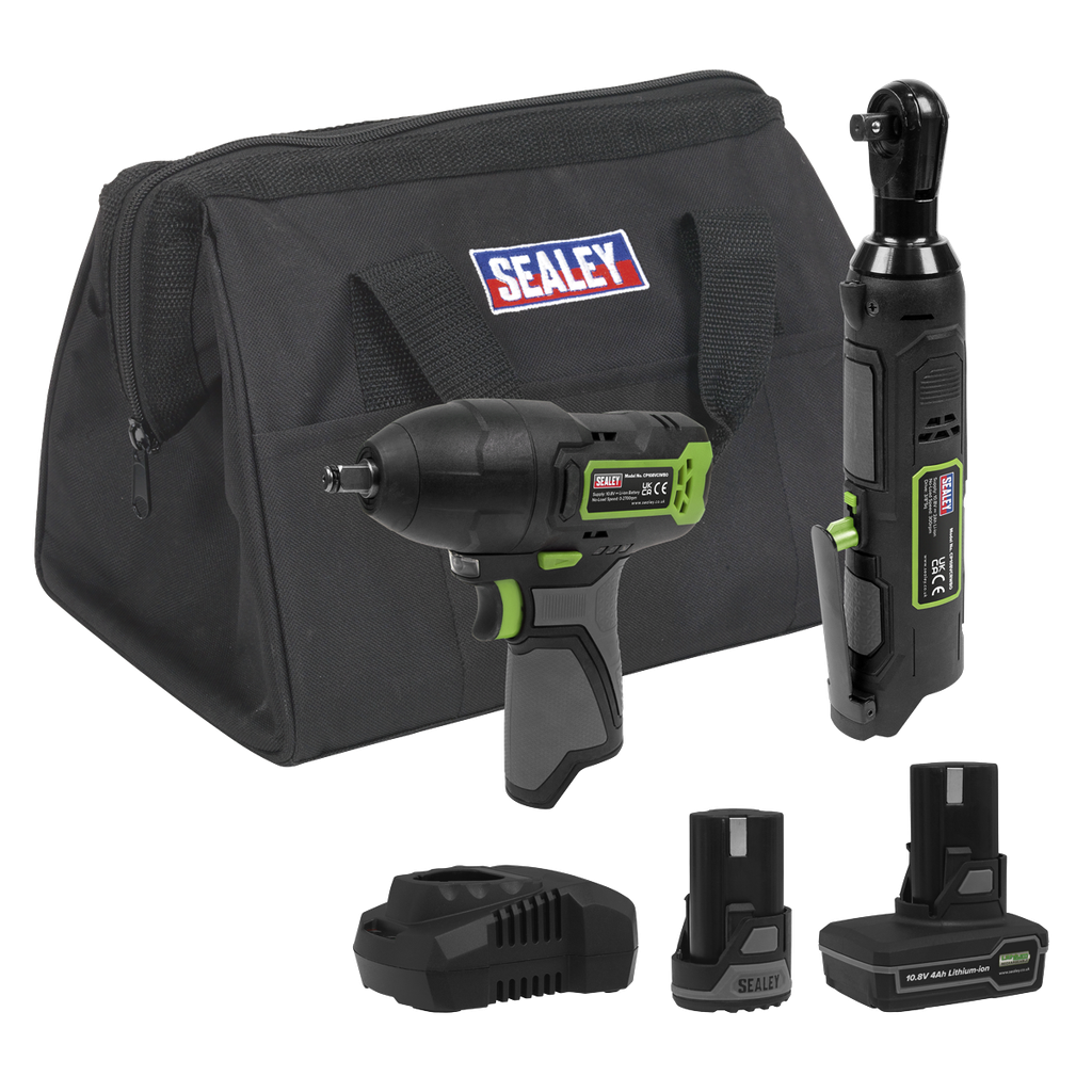 Sealey 2 x SV10.8 Series Cordless Impact Wrench & Ratchet Wrench Kit 10.8V - 2 Batteries