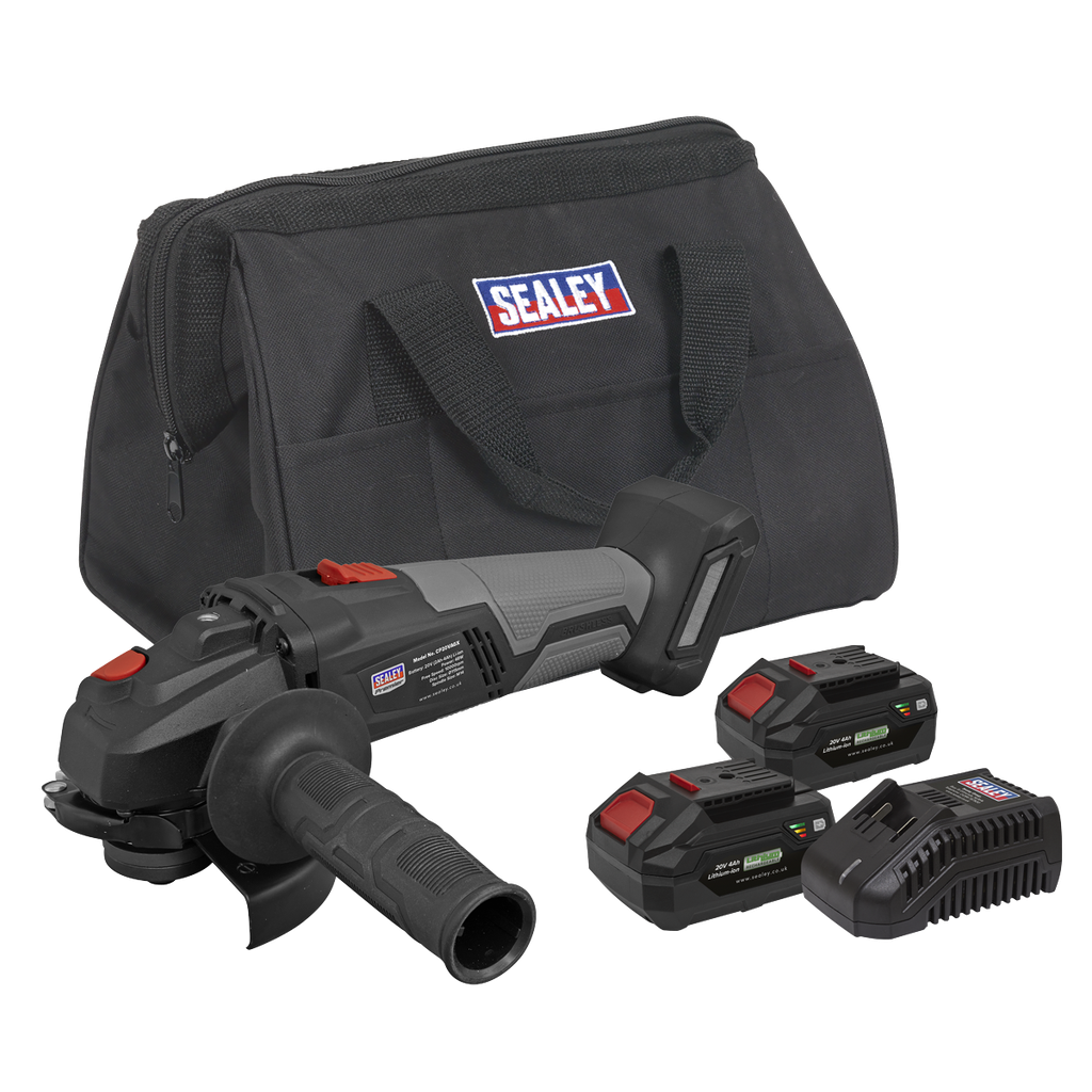 Sealey Premier SV20 Series 115mm Brushless Cordless Angle Grinder Kit 20V 4Ah - 2 Batteries