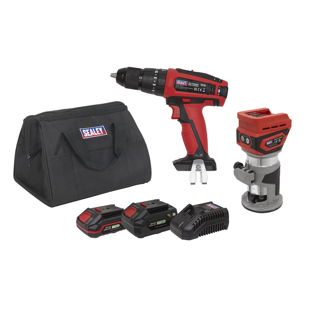 Sealey 2 x SV20 Series Cordless Router & Combi Drill Kit 20V - 2 Batteries