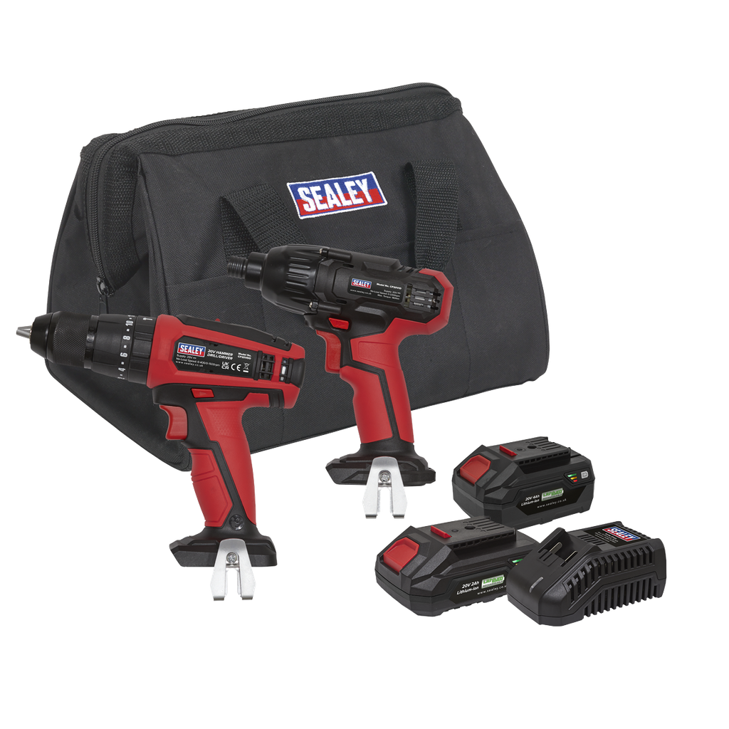 Sealey 2 x SV20 Series Cordless 13mm Combi Drill & 1/4"Hex Drive Impact Driver Combo Kit 20V - 2 Batteries
