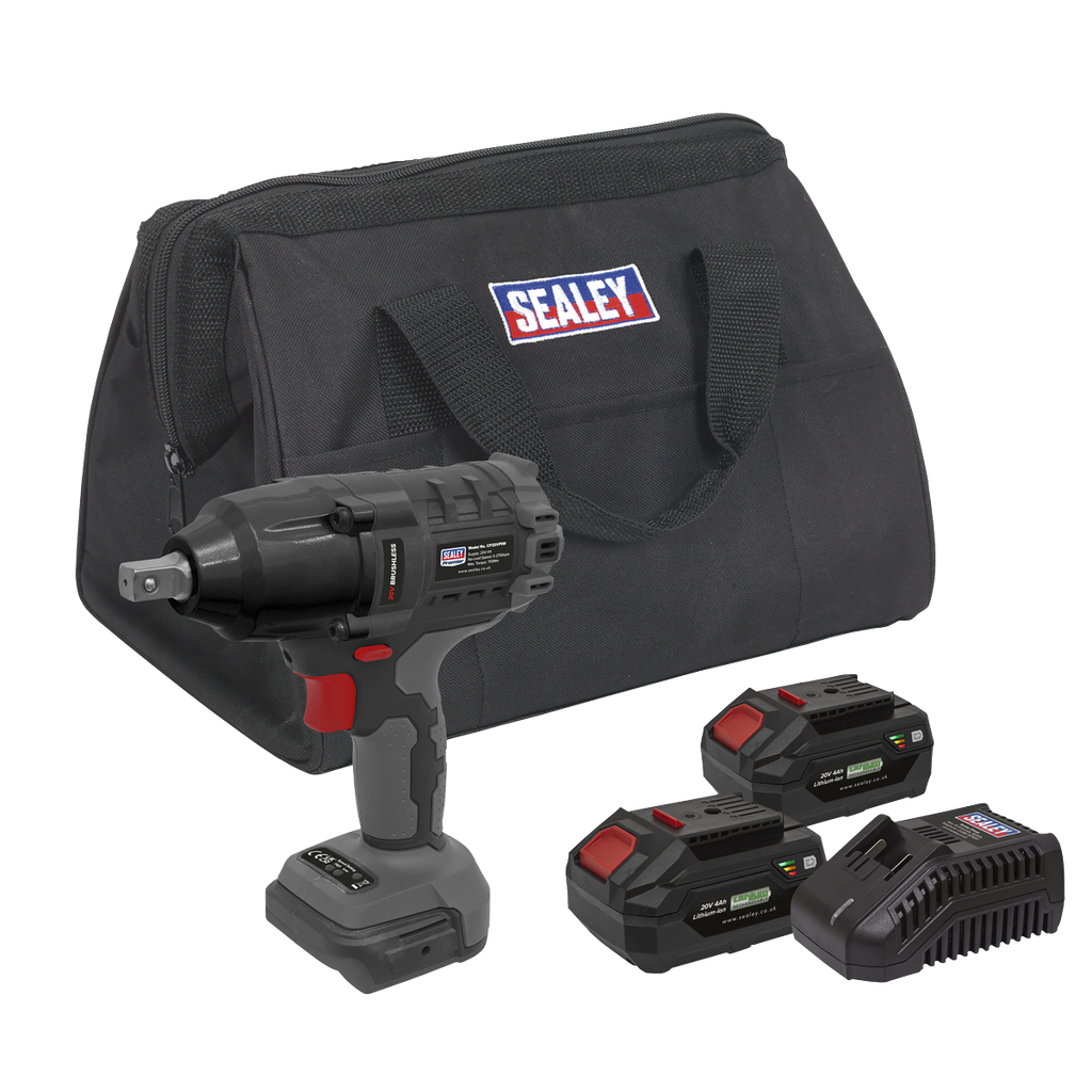 Sealey Premier SV20 Series 1/2"Sq Drive Brushless Cordless Impact Wrench Kit 20V 4Ah - 2 Batteries