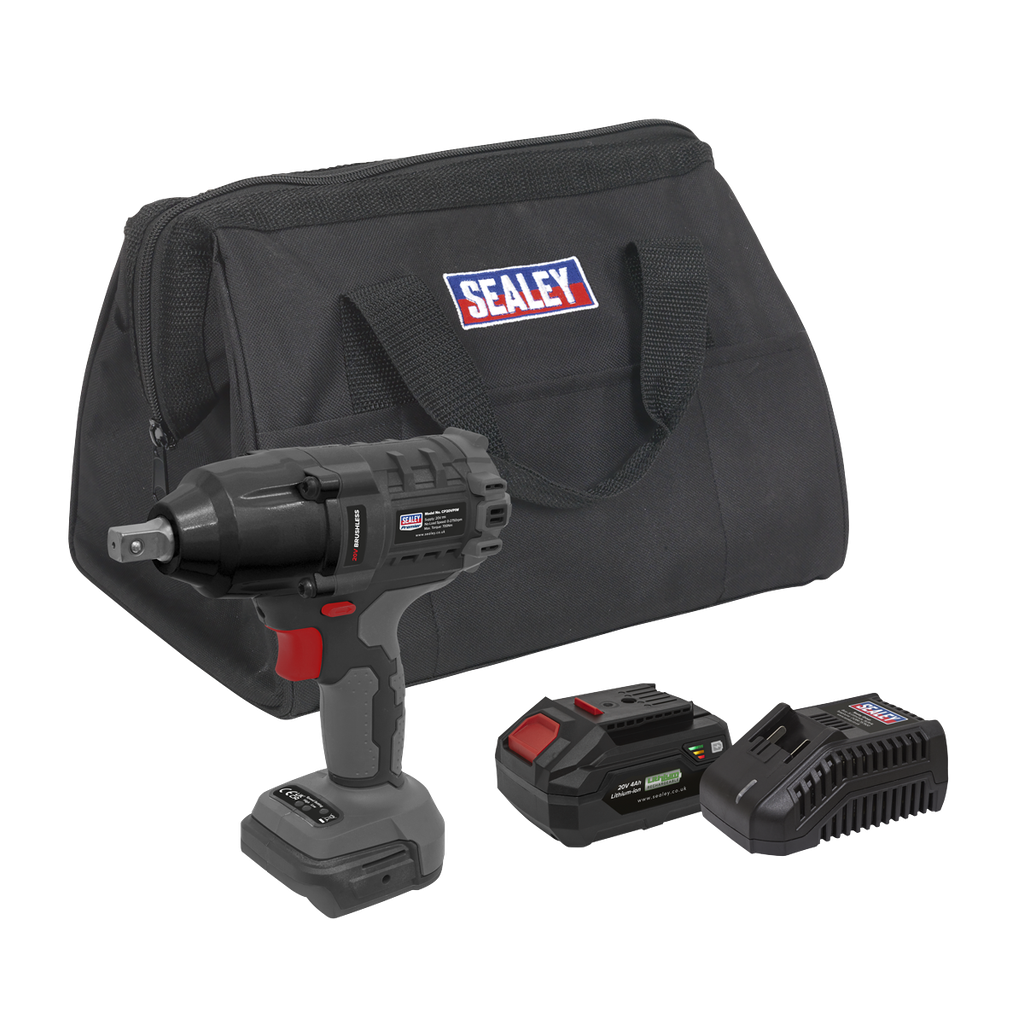 Sealey Premier SV20 Series 1/2"Sq Drive Brushless Cordless Impact Wrench Kit 20V 4Ah