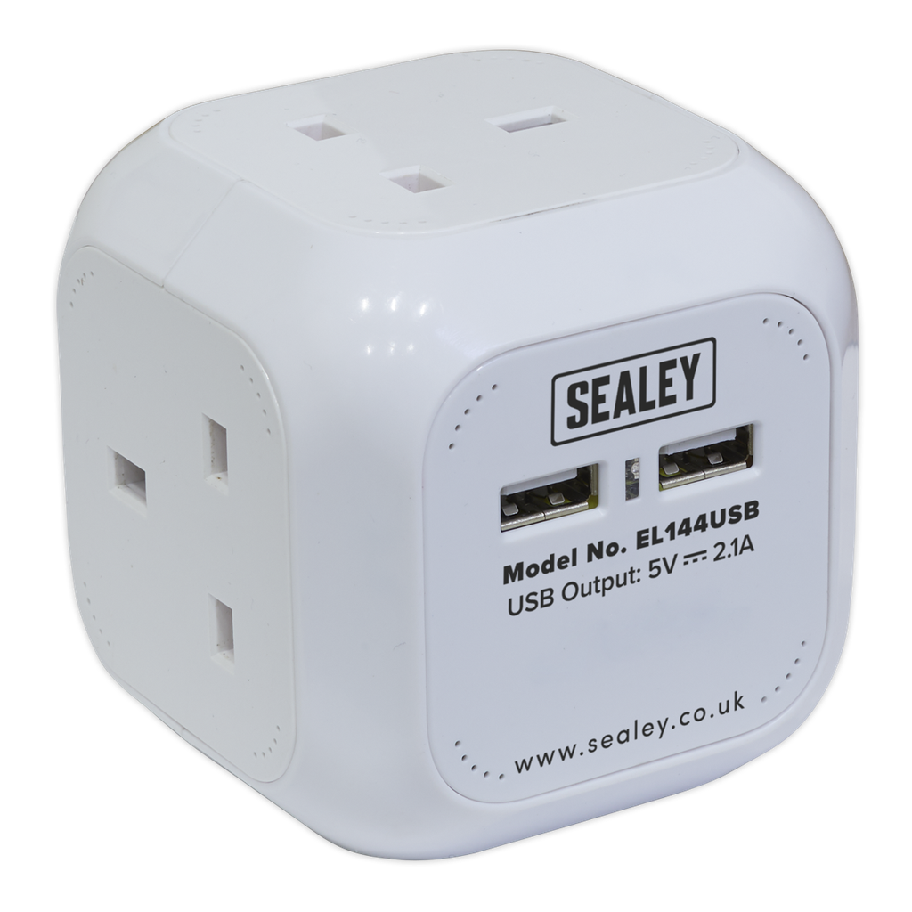 Sealey 1.4m Extension Cable Cube 4 x 230V & 2 x USB Sockets - White