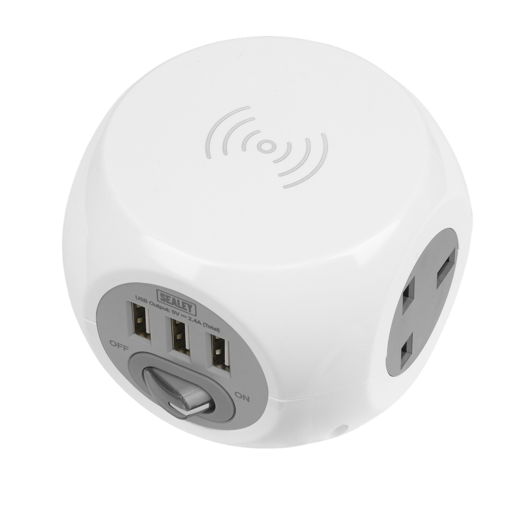 Sealey 1.4m Extension Cable Cube & Wireless Charging Pad 3 x 230V & 3 x USB Sockets