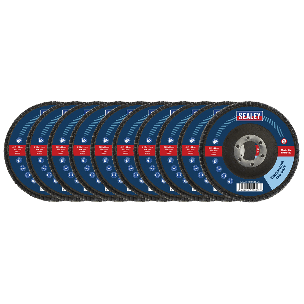 Sealey 115mm Zirconium Flap Discs 120Grit 22mm Bore - Pack of 10