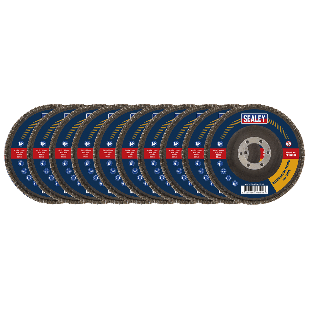 Sealey 115mm Aluminium Oxide Flap Discs 40Grit 22mm Bore - Pack of 10