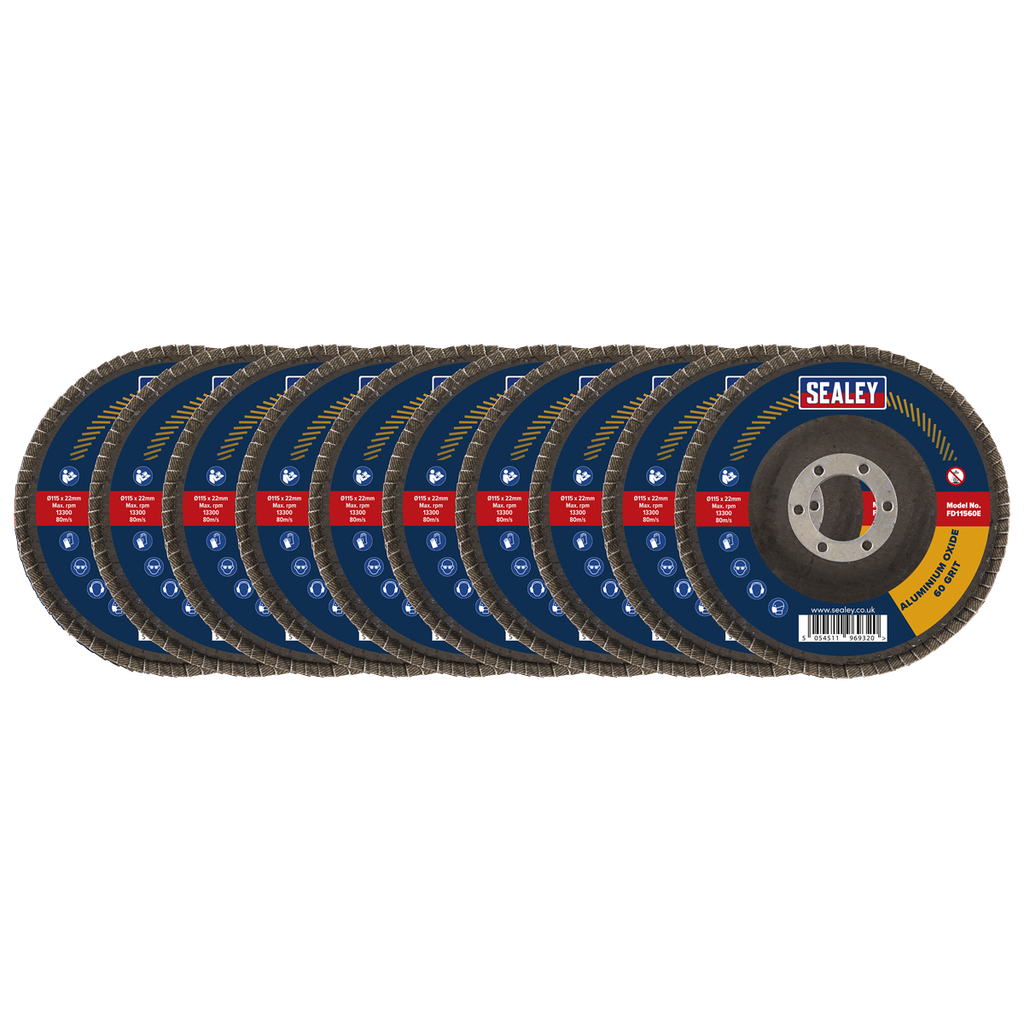 Sealey 115mm Aluminium Oxide Flap Discs 60Grit 22mm Bore - Pack of 10