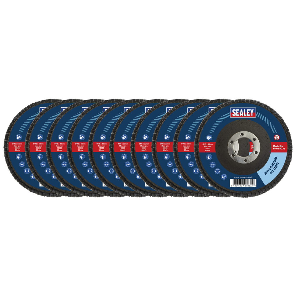 Sealey 115mm Zirconium Flap Discs 80Grit 22mm Bore - Pack of 10