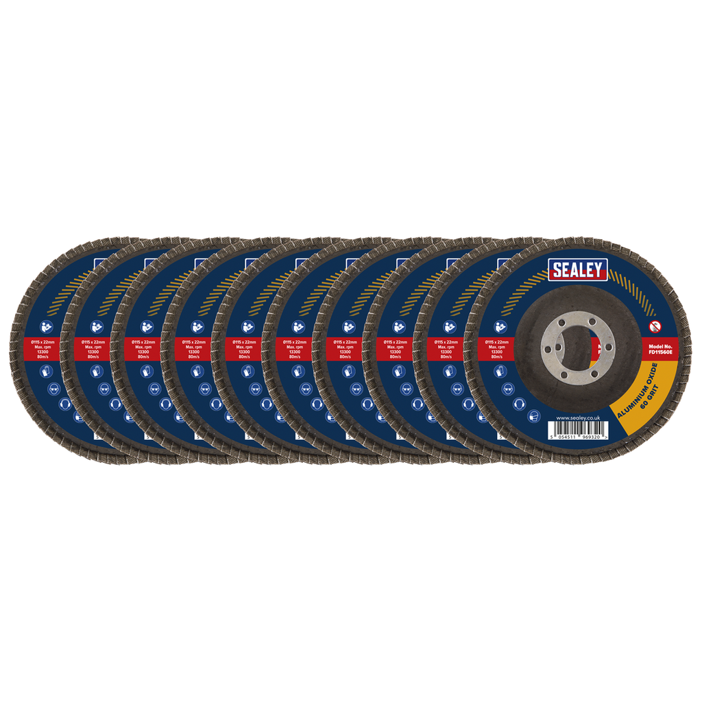Sealey 115mm Aluminium Oxide Flap Discs Assorted Grit 22mm Bore - Pack of 10