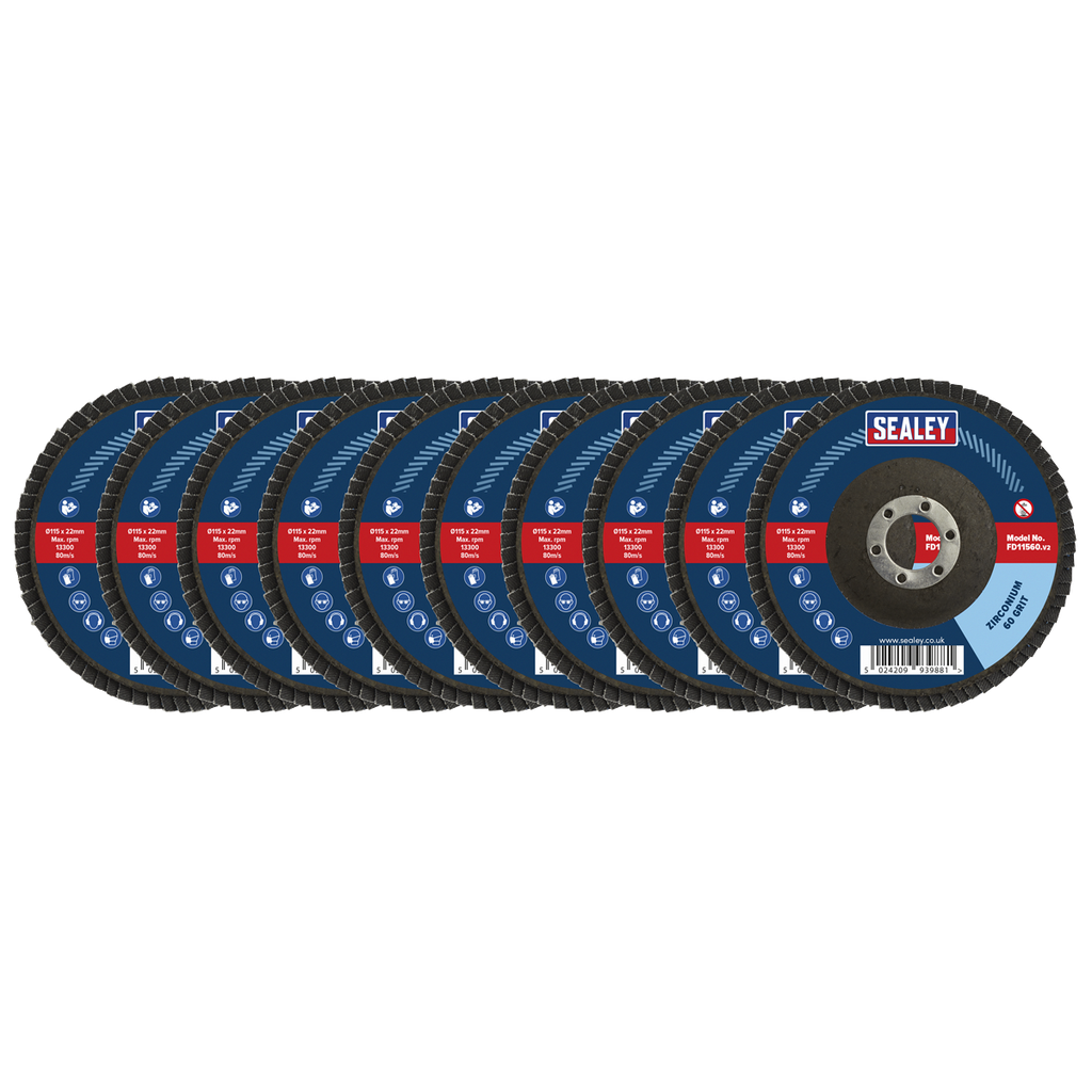 Sealey 115mm Zirconium Flap Discs Assorted Grit 22mm Bore - Pack of 10