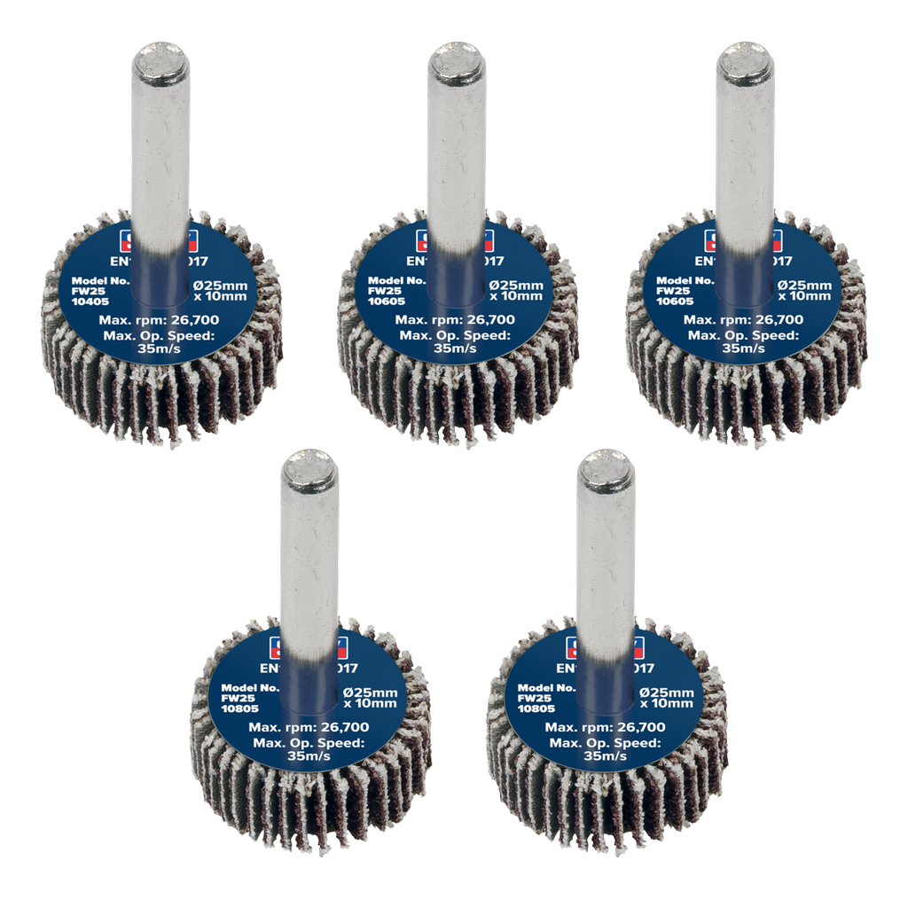 25 x 10mm Abrasive Flap Wheel with 6mm Shaft Assorted Grit - Pack of 5