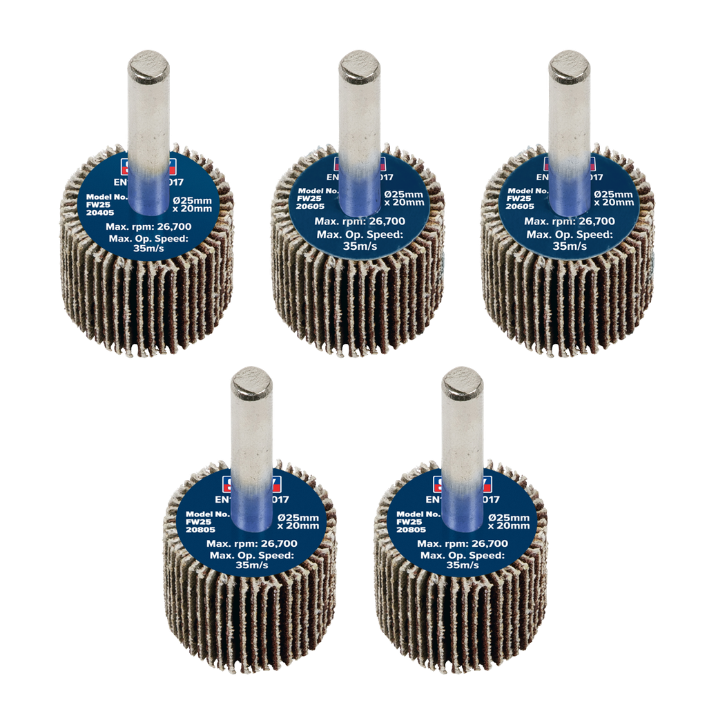 Sealey 25 x 20mm Abrasive Flap Wheel on 6mm Shaft Assorted Grit - Pack of 5