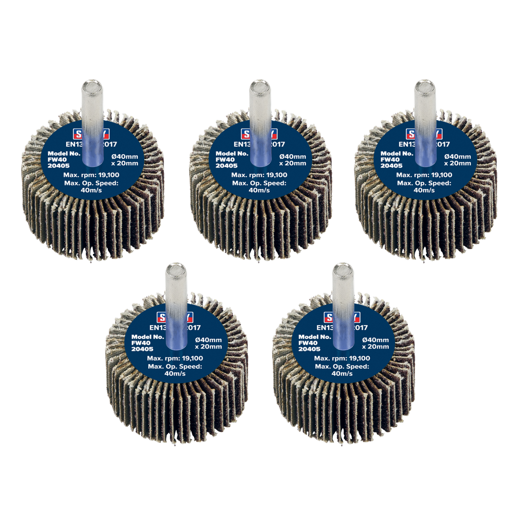 Sealey 40 x 20mm Abrasive Flap Wheel on 6mm Shaft 40Grit - Pack of 5