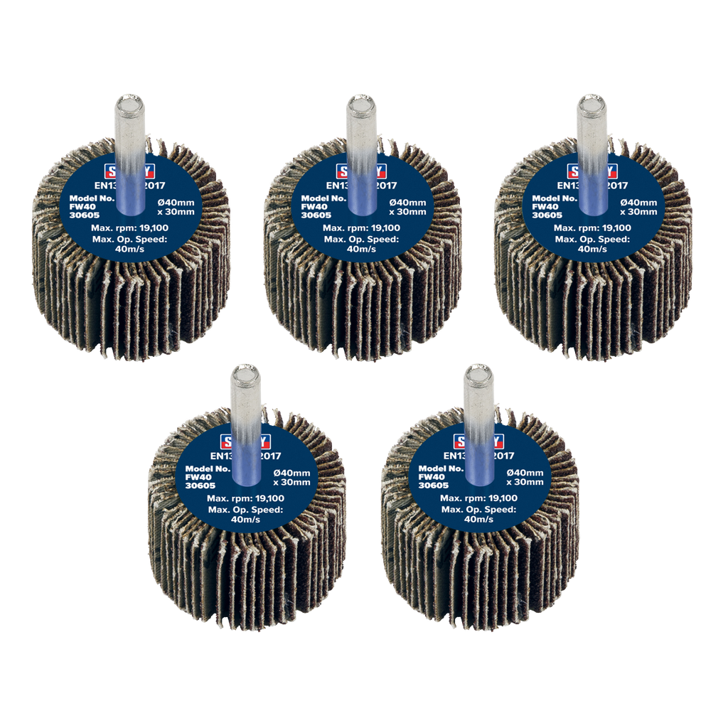 Sealey 40 x 30mm Abrasive Flap Wheel on 6mm Shaft 60Grit - Pack of 5