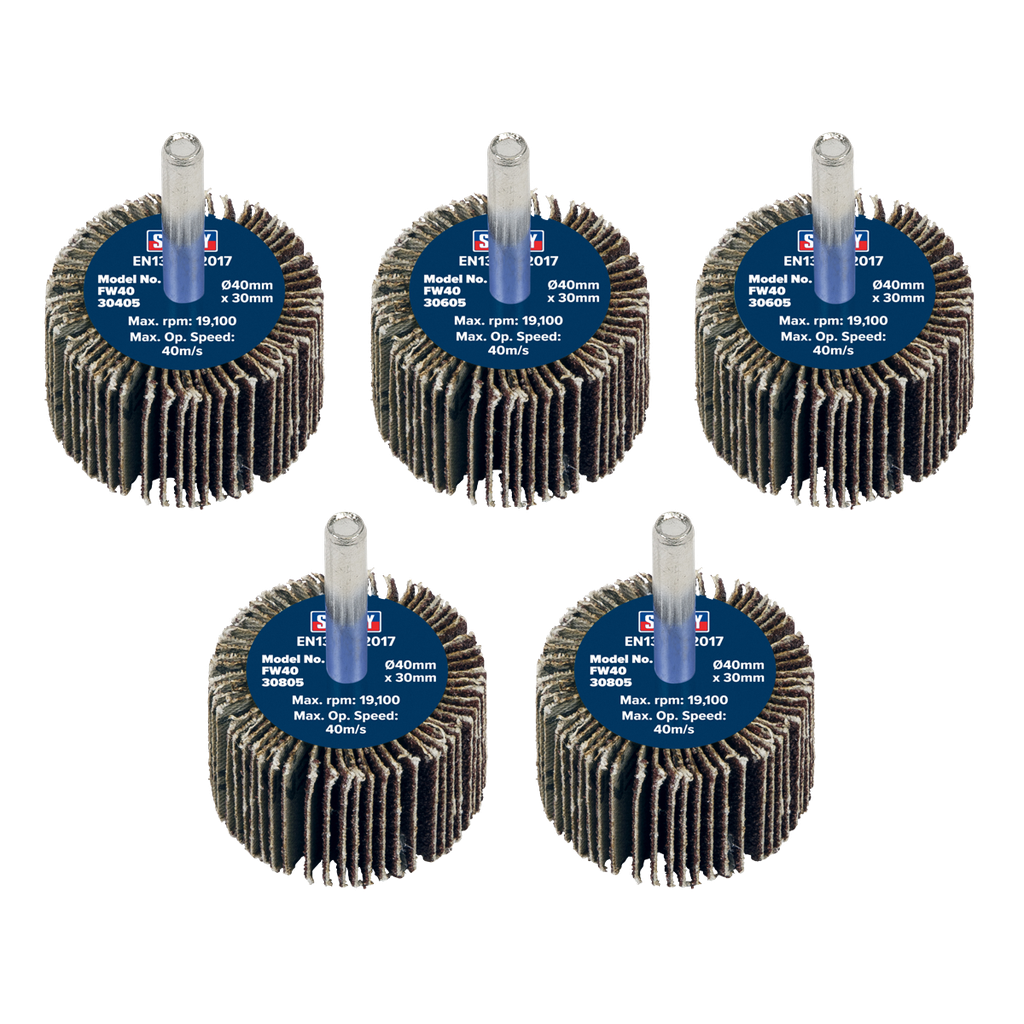 Sealey 40 x 30mm Abrasive Flap Wheel on 6mm Shaft Assorted Grit - Pack of 5