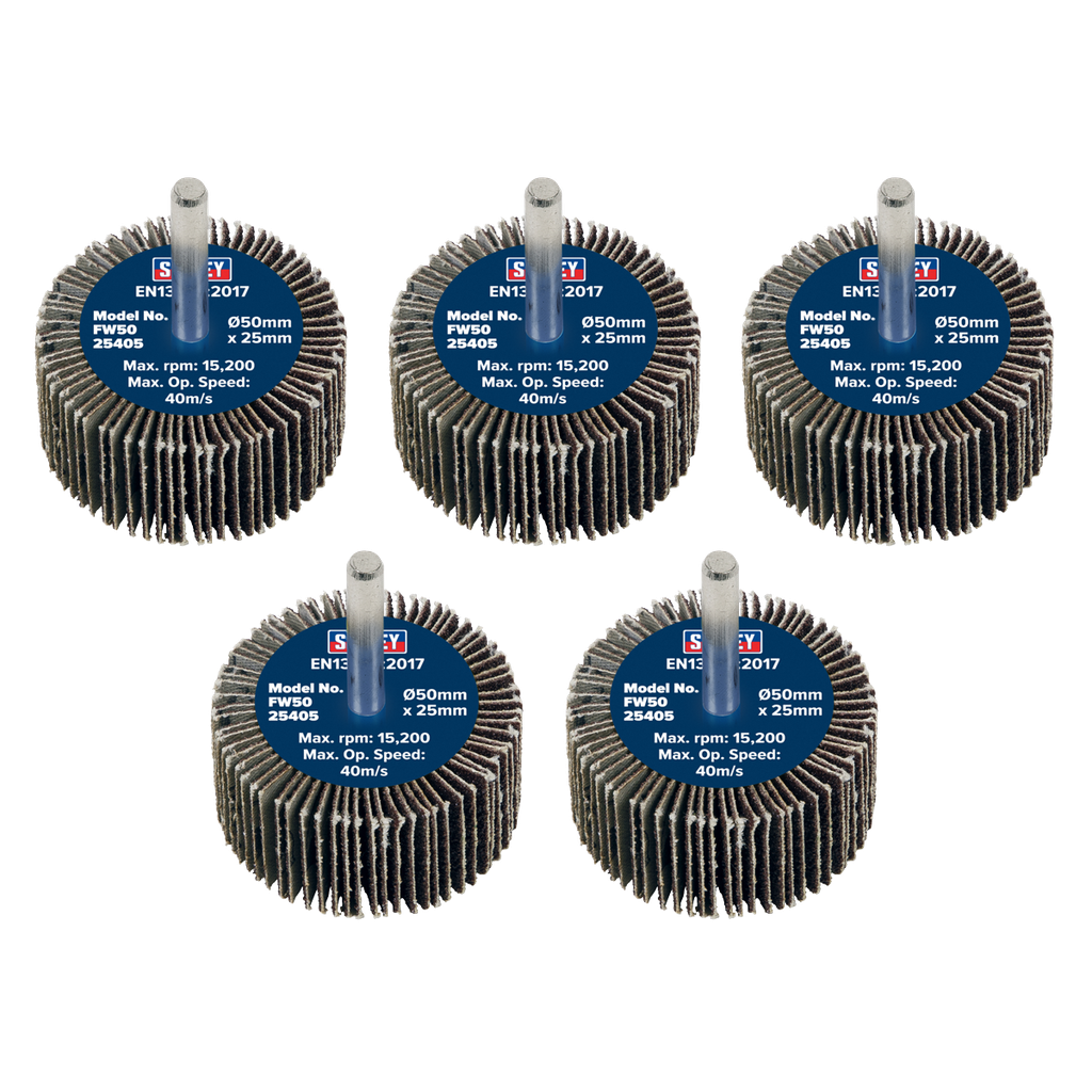 Sealey 50 x 25mm Abrasive Flap Wheel on 6mm Shaft 40Grit - Pack of 5