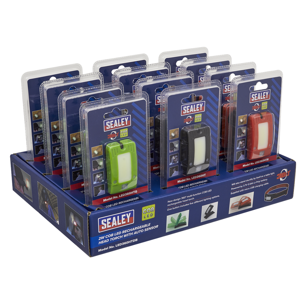 Sealey Rechargeable Head Torch with Auto-Sensor 2W COB LED - Display Box of 12