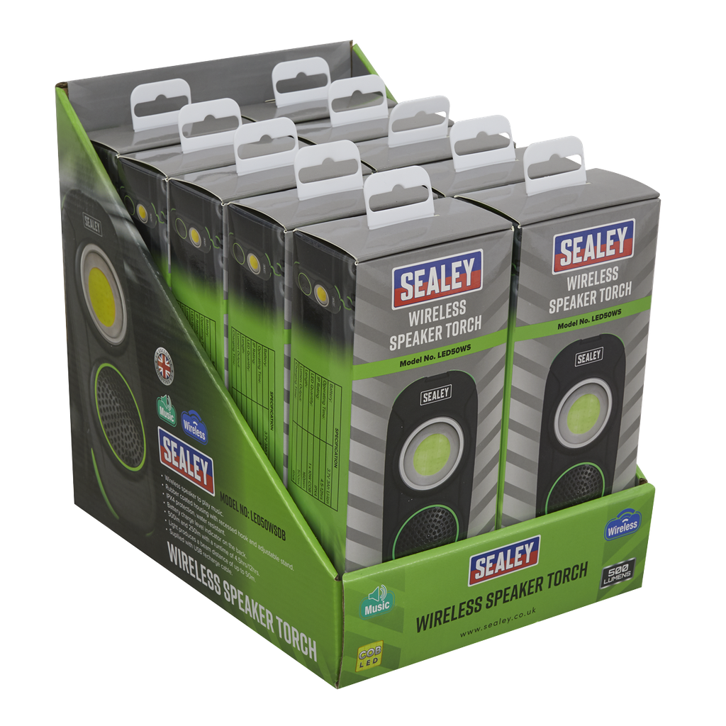 Sealey Rechargeable Torch with Wireless Speaker 10W COB LED - Display Box of 10
