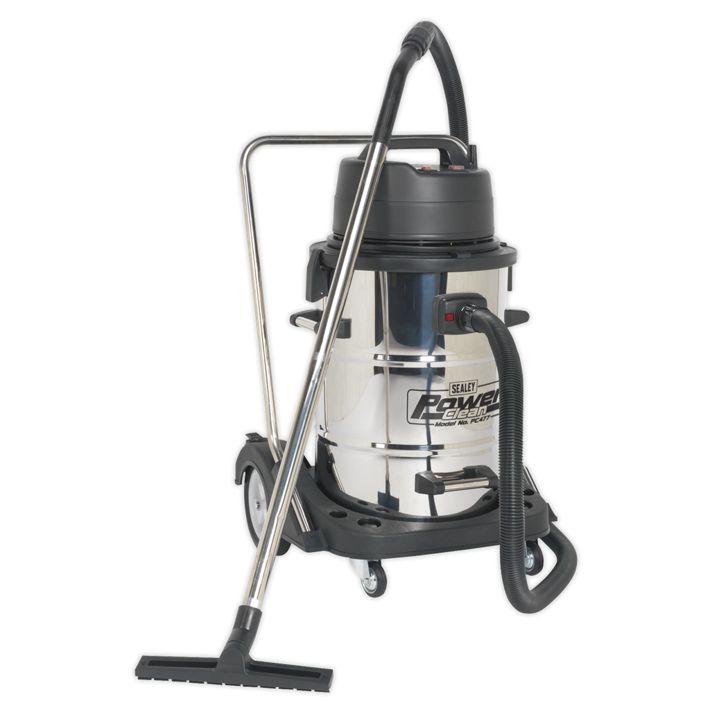 Sealey Industrial Vacuum Cleaner Wet & Dry Stainless Steel Drum with Swivel Emptying 77L 2400W