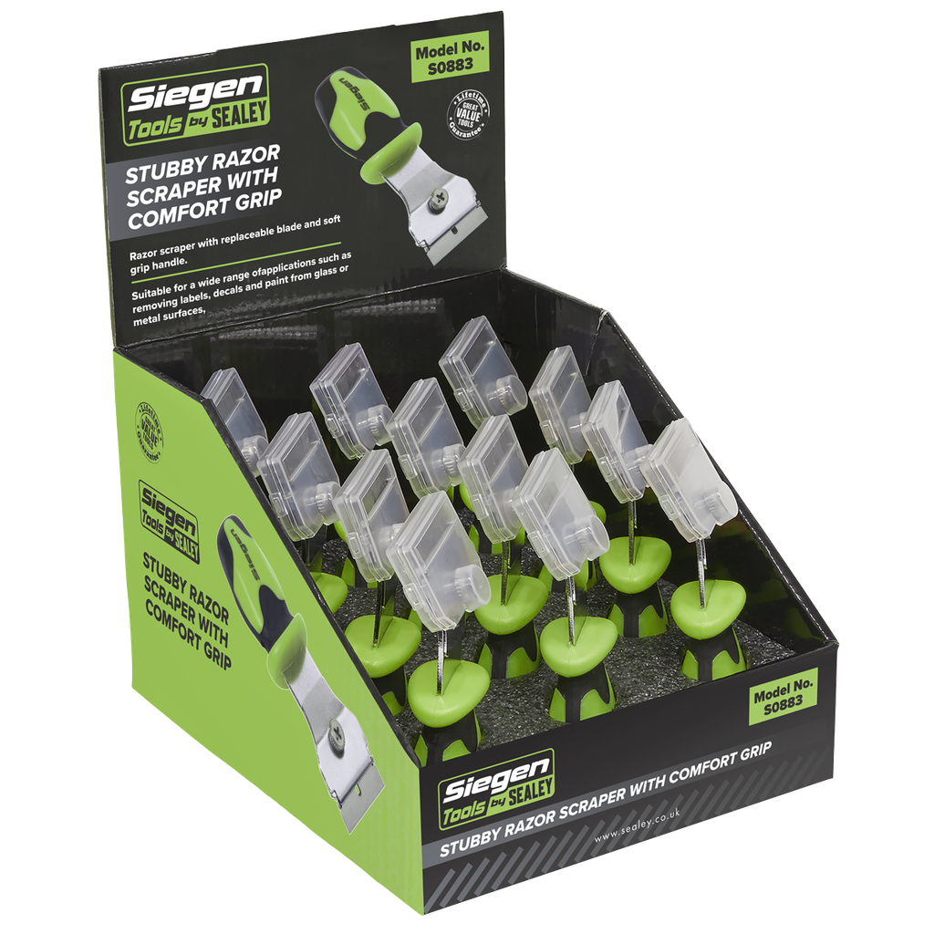 Sealey Siegen Razor Scraper with Comfort Grip Stubby - Display Box of 12