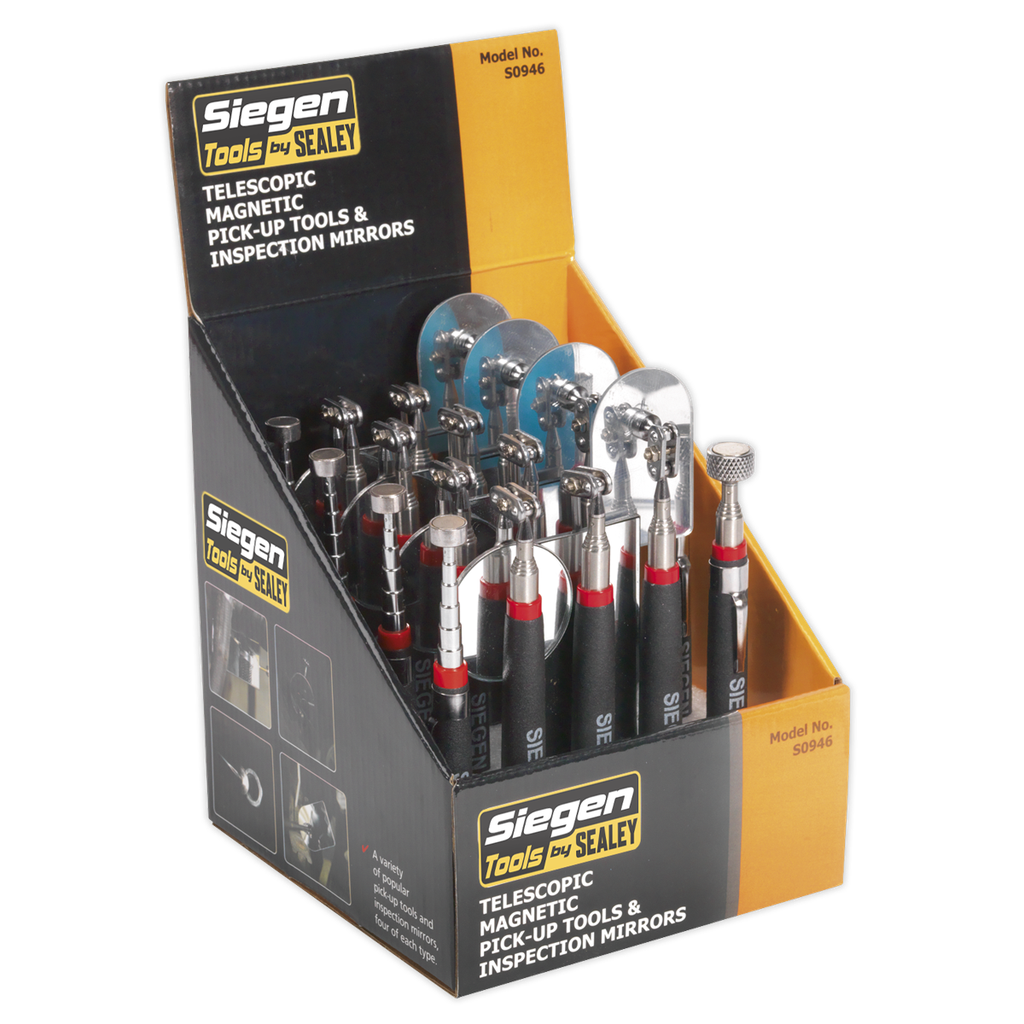Sealey Siegen Telescopic Magnetic Pick-Up Tools & Inspection Mirrors - Display Box of 20