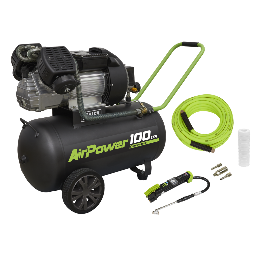 Sealey 100L Direct Drive V-Twin Air Compressor 3hp with Air Acce