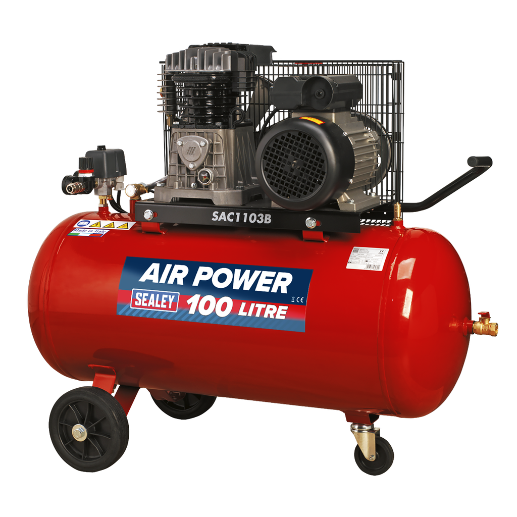 100L Belt Drive Air Compressor with Cast Cylinders & Wheels 3.5hp