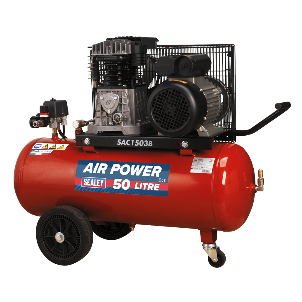 50L Belt Drive Air Compressor with Cast Cylinders & Wheels 3.5hp