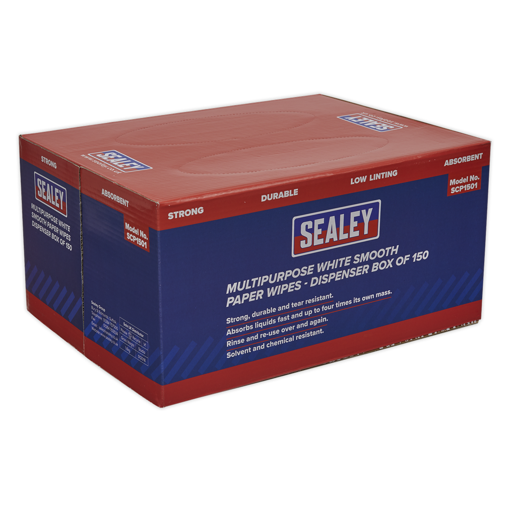 Sealey Multipurpose Smooth White Paper Wipes 73gsm - Dispenser Box of 150 Sheets