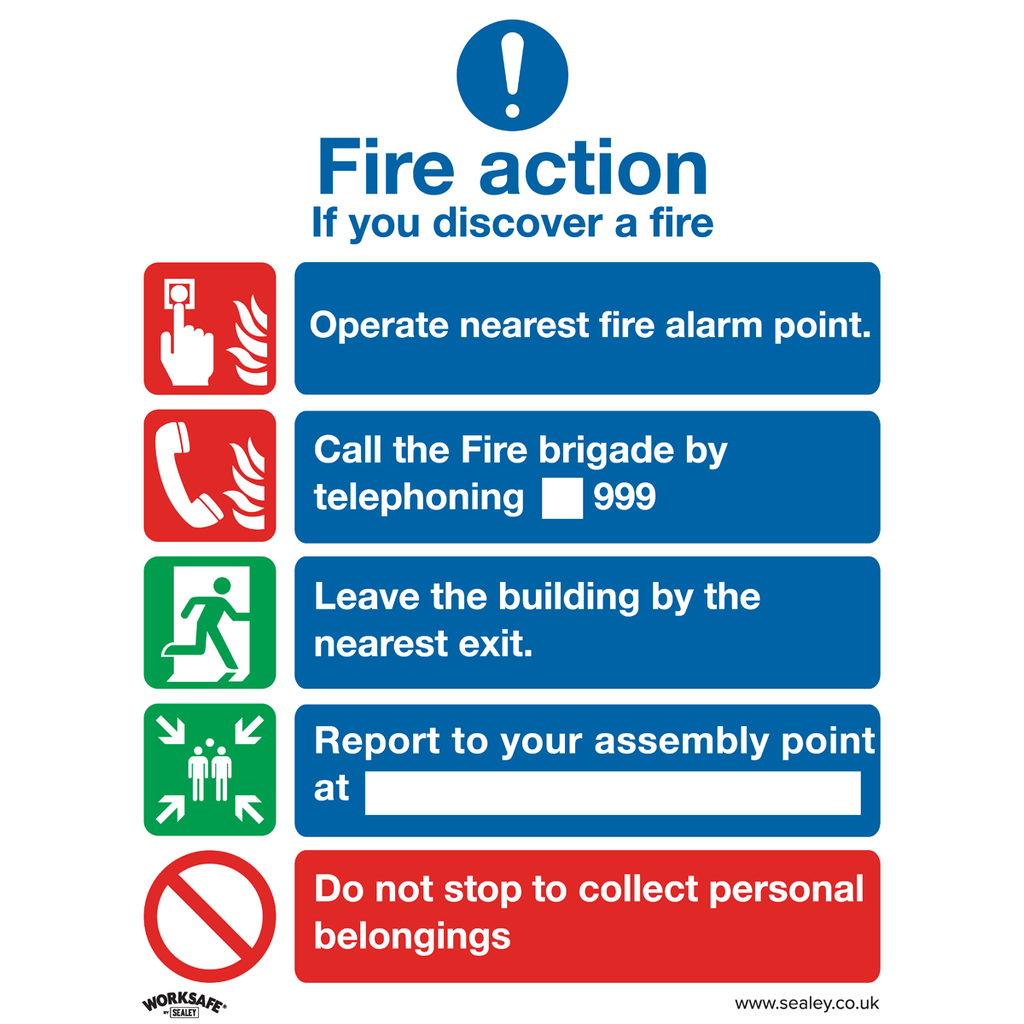 Sealey Worksafe® Fire Action Without Lift Safety Sign, Rigid Pla