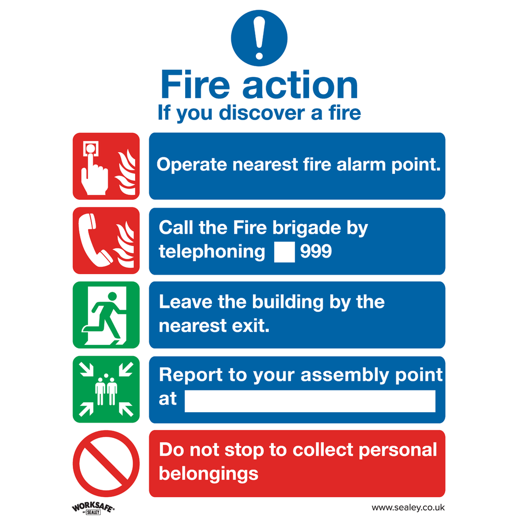 Sealey Worksafe® Fire Action Without Lift Safety Sign - Self-Adh
