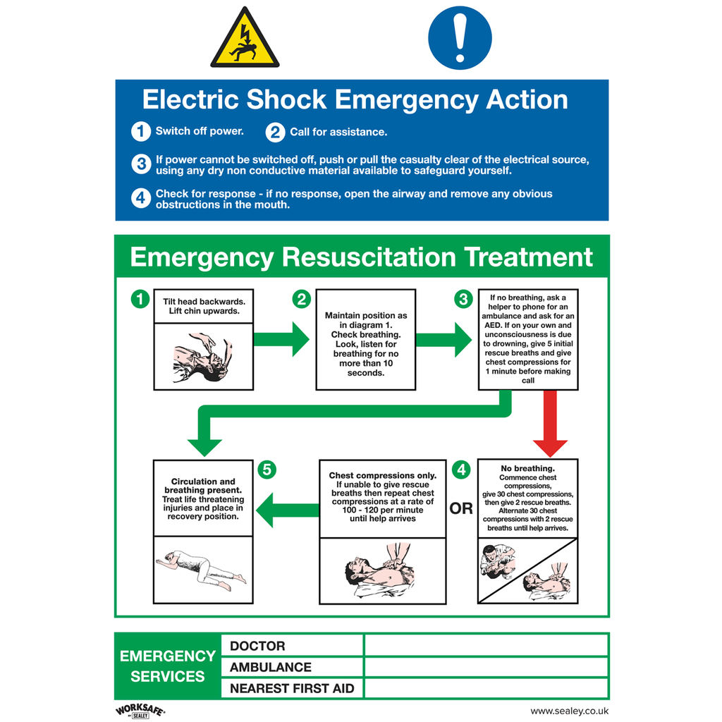 Sealey Worksafe® Electric Shock Emergency Action Safety Sign - R