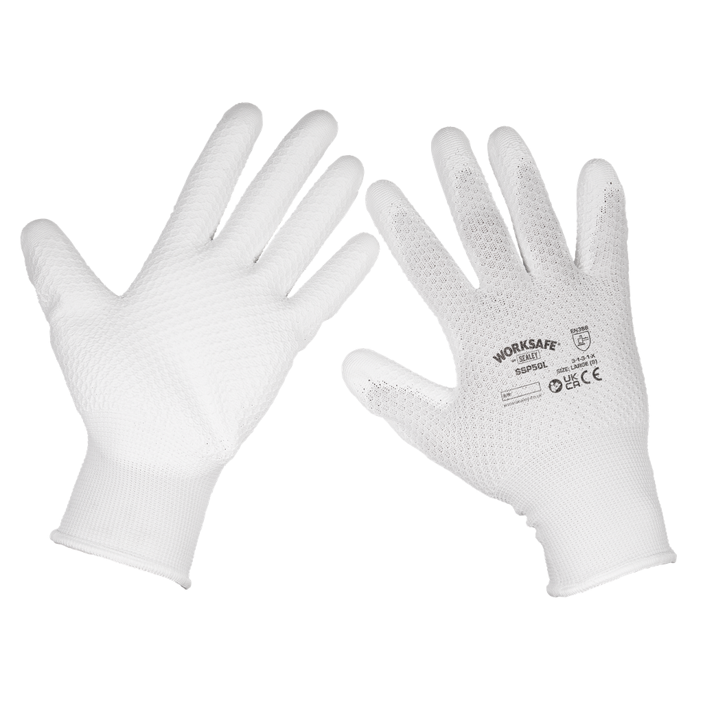 Sealey Worksafe® White Precision Grip Gloves, Large - Pack of 6 Pairs