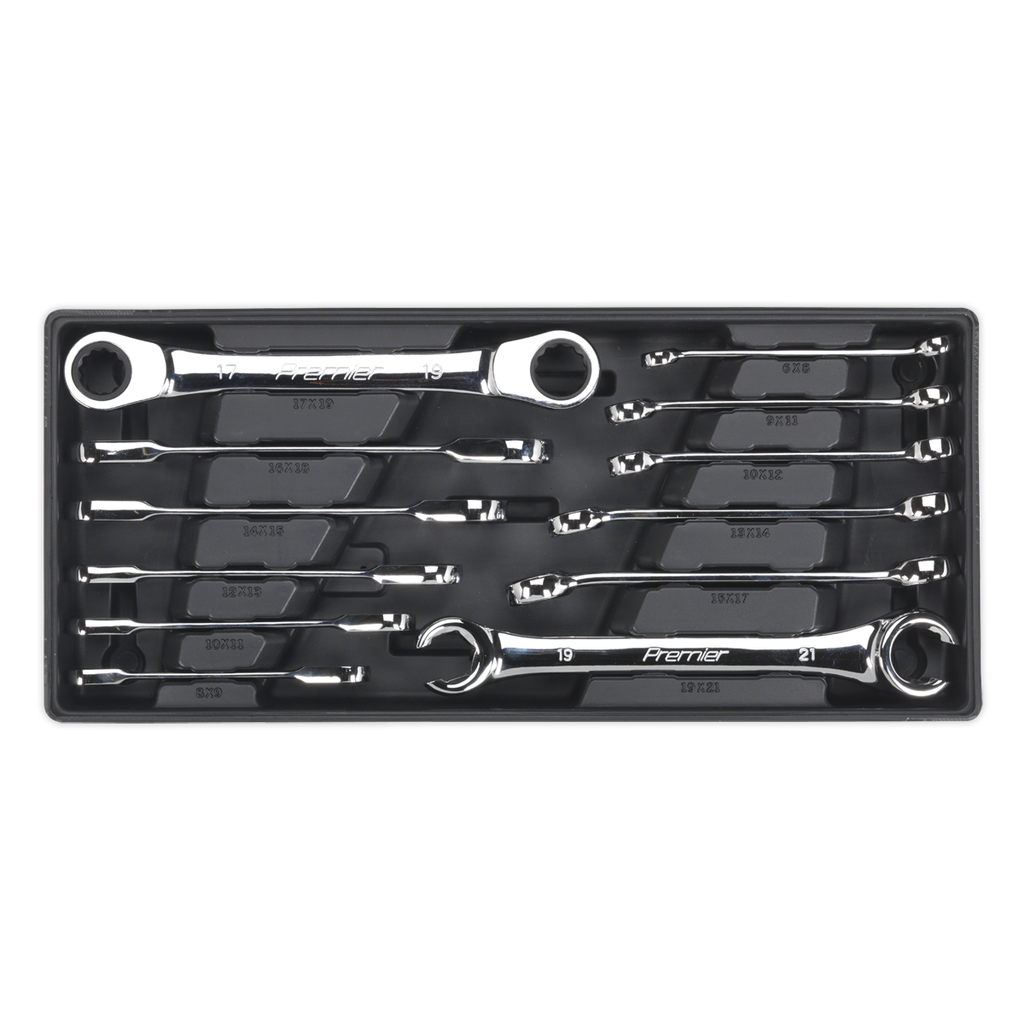 Sealey Premier Flare Nut & Ratchet Ring Spanner Set with Tool Tray 12pc