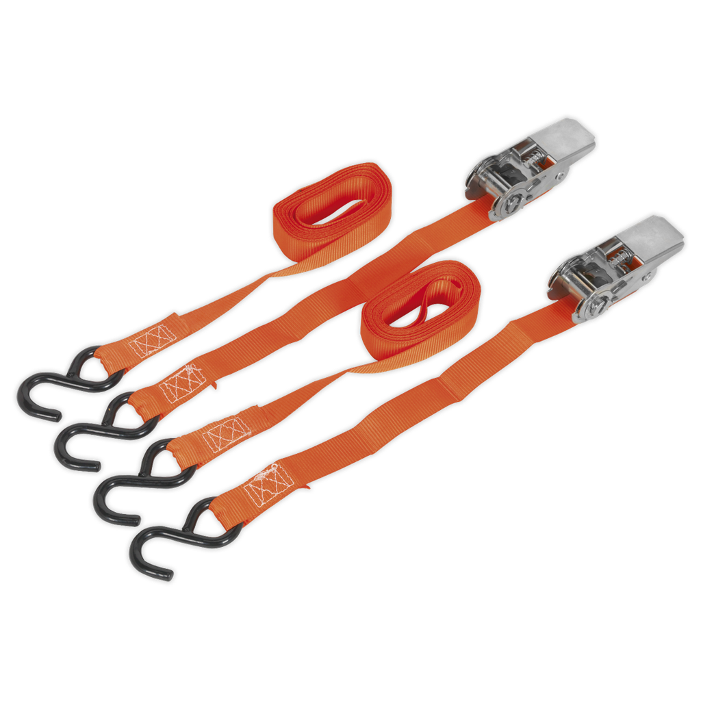 Ratchet Straps Polyester Webbing with S-Hooks 25mm x 4m 500kg Breaking Strength - Pair