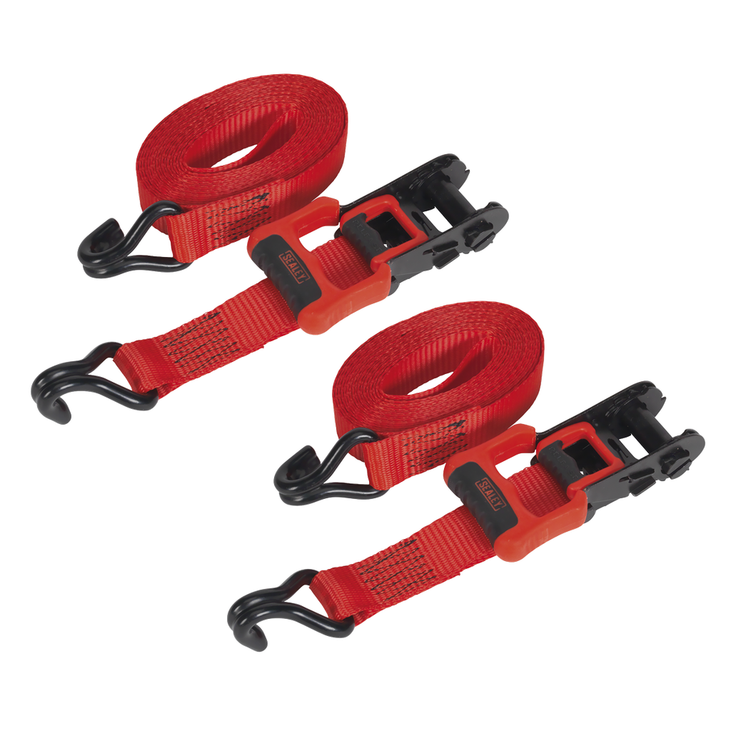 Sealey Ratchet Straps Polyester Webbing with J-Hooks 32mm x 4.9m 1200kg Breaking Strength - 2 Pairs
