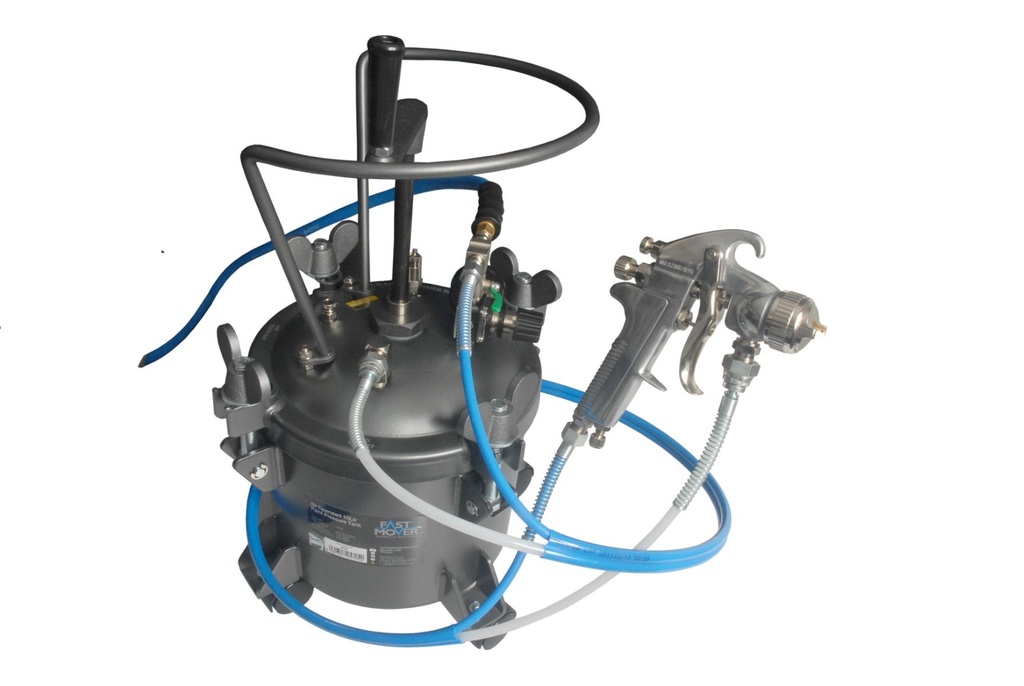 Fast Mover 10ltr Pressure Feed Tank complete with a pressure feed spray gun and twin air and fluid hoses.