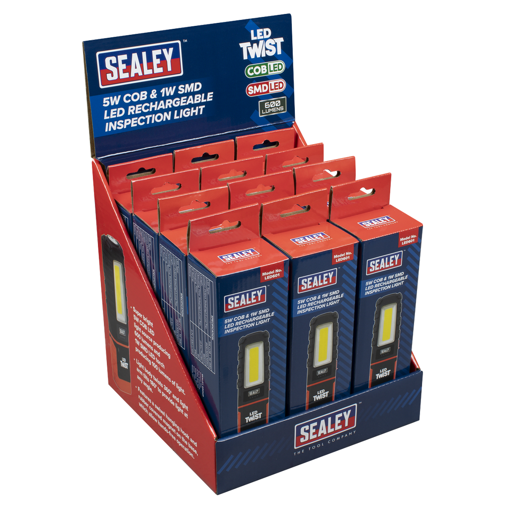 LED Twist Rechargeable Inspection Light 5W COB & 1W SMD - Display Box of 12