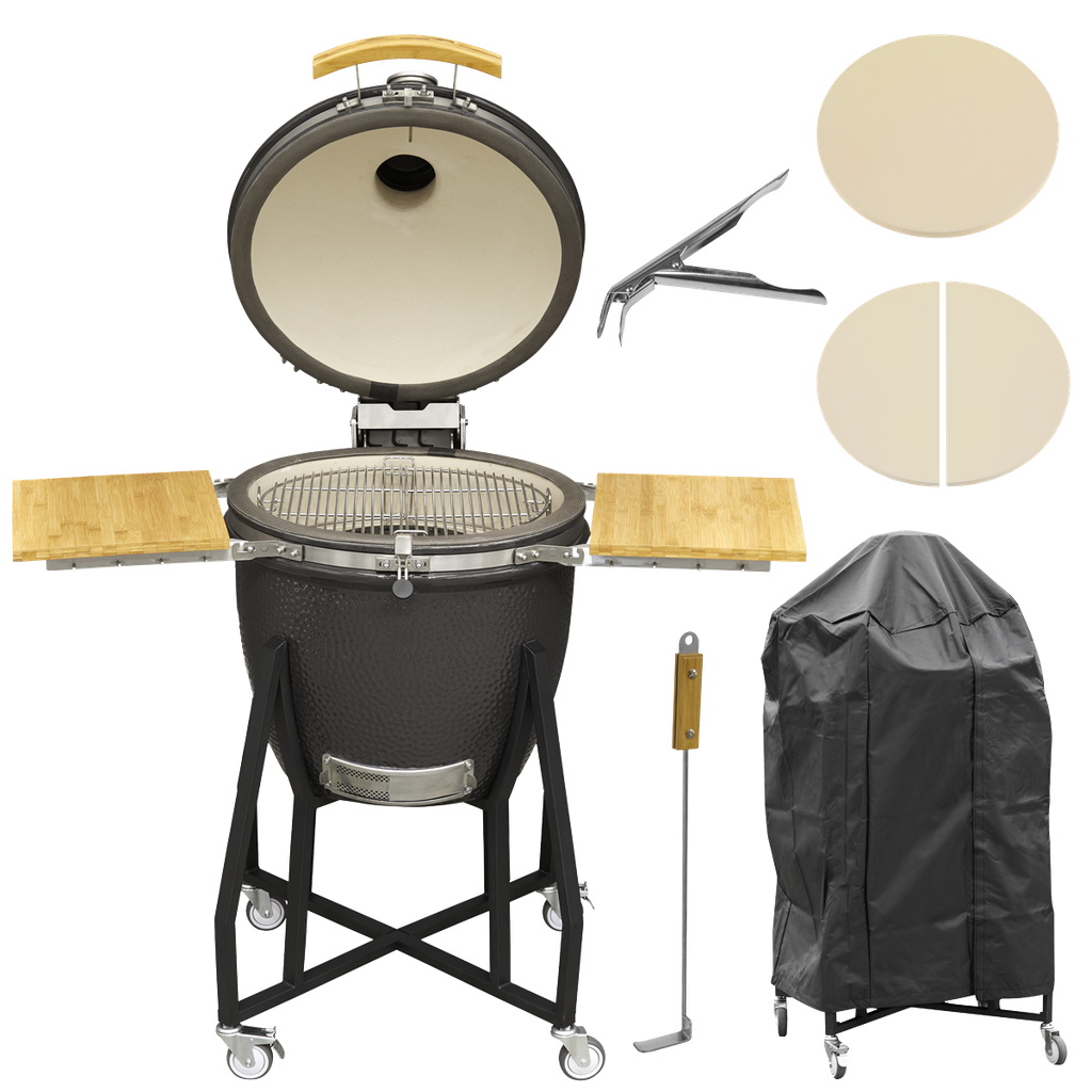 Dellonda Deluxe 22"(56cm) Ceramic Kamado Style BBQ, Cover, Grid Gripper, Heat Deflector & Heat Deflector Support