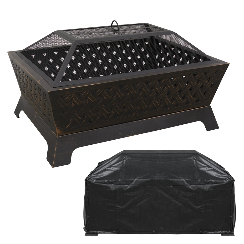 Dellonda 89cm Rectangular Outdoor Fire Pit, Antique Bronze Effect, Supplied with Water-Resistant Drawstring Cover