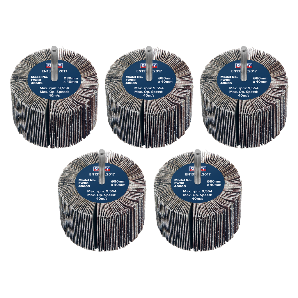 Sealey 80 x 40mm Abrasive Flap Wheel on 6mm Shaft 60Grit - Pack of 5