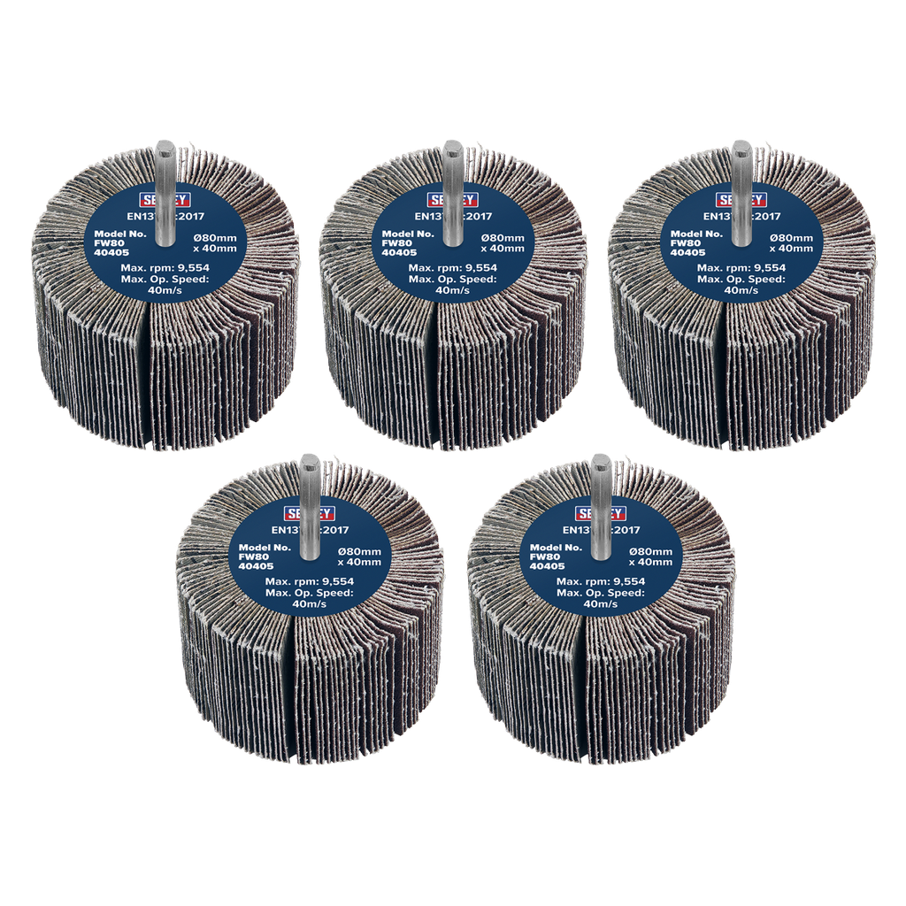 Sealey 80 x 40mm Abrasive Flap Wheel on 6mm Shaft 40Grit - Pack of 5