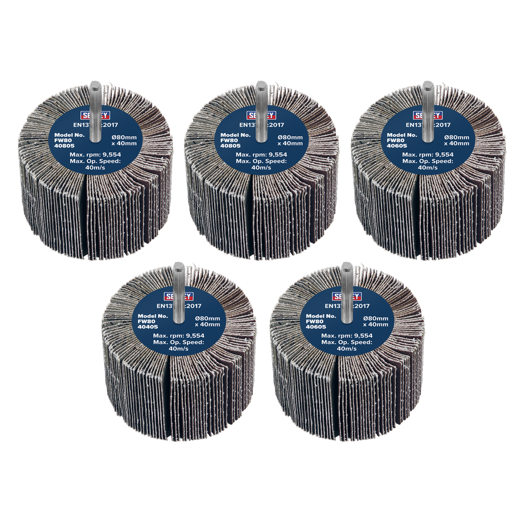 80 x 40mm Abrasive Flap Wheel on 6mm Shaft Assorted Grit - Pack of 5