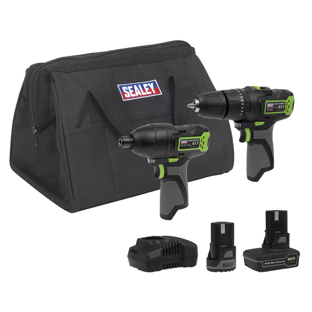 Sealey 2 x SV10.8 Series Cordless Combi Drill & Impact Driver Kit 10.8V - 2 Batteries & Euro Plug