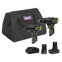 Sealey 2 x SV10.8 Series Cordless Combi Drill & Impact Driver Kit 10.8V - 2 Batteries & Euro Plug