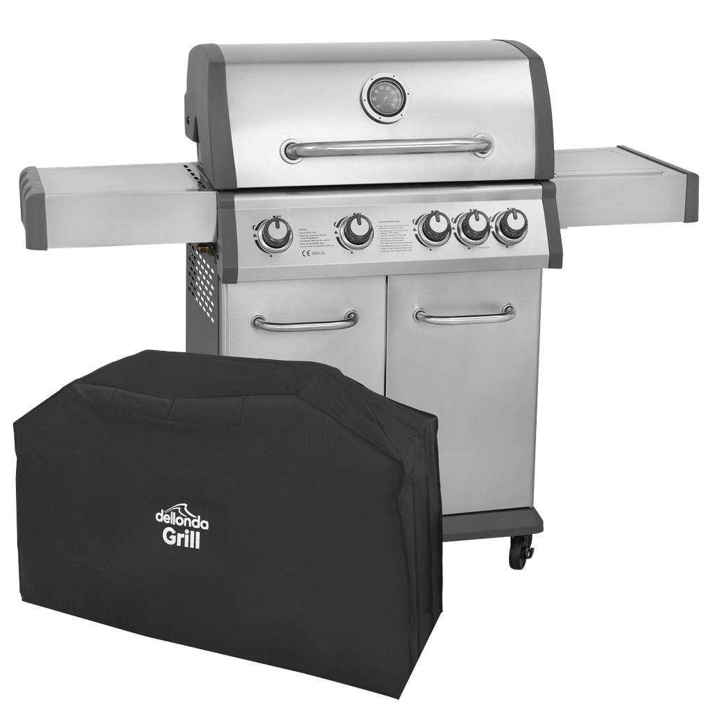 Dellonda 4+1 Burner Deluxe Gas BBQ Grill with Piezo Ignition & Thermometer & Cover - Stainless Steel