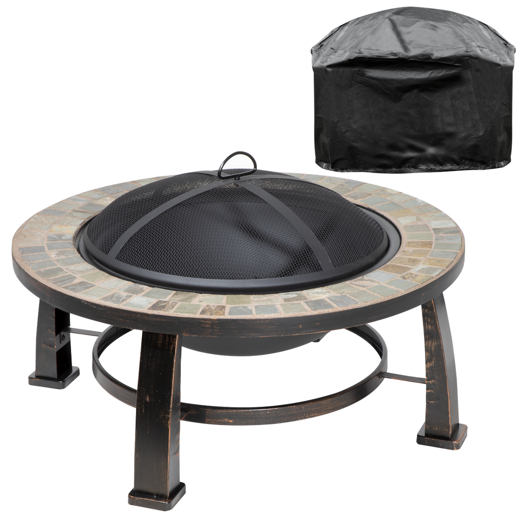 Dellonda 30" Deluxe Traditional Style Fire Pit, Fireplace, Outdoor Heater with Fire Poker , Safety Mesh Screen & Drawstring Cover - Slate Top