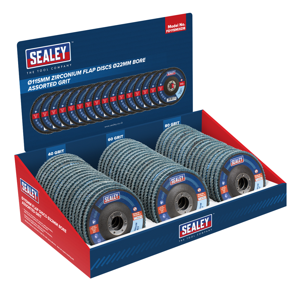 Sealey Assorted Grit Flap Discs Zirconium Ø115mm Ø22mm Bore - Display Box of 60